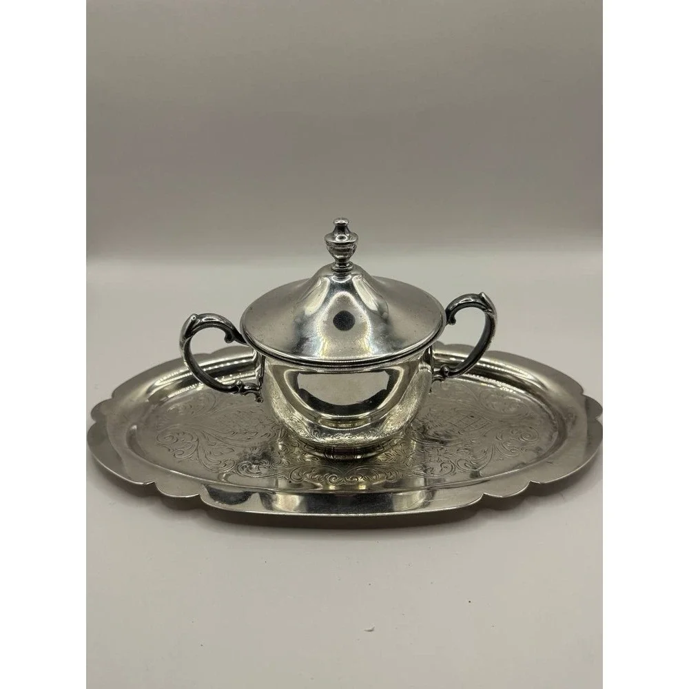 Sheridan Silverplated Sugar Bowl with‎ Lid & Tray Set, Vintage 10